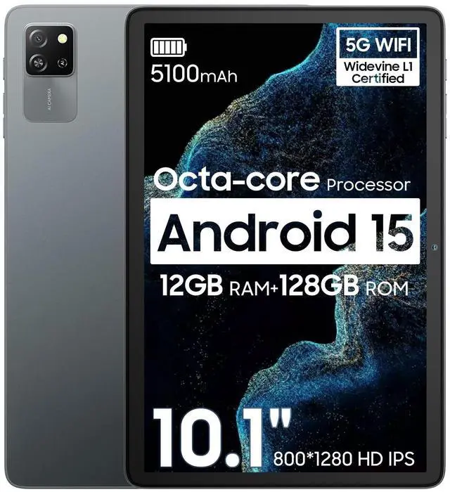 Main image of Blackview 10 inch Android Tablet, 2025 Android 14 Tablet with 12(4+8) GB+128GB 2TB Expand, Dual Speakers and Camera, BT5.3, WiFi 6, Google GMS, 2.0GHz CPU, Support Widevine L1, PC Mode,Gray