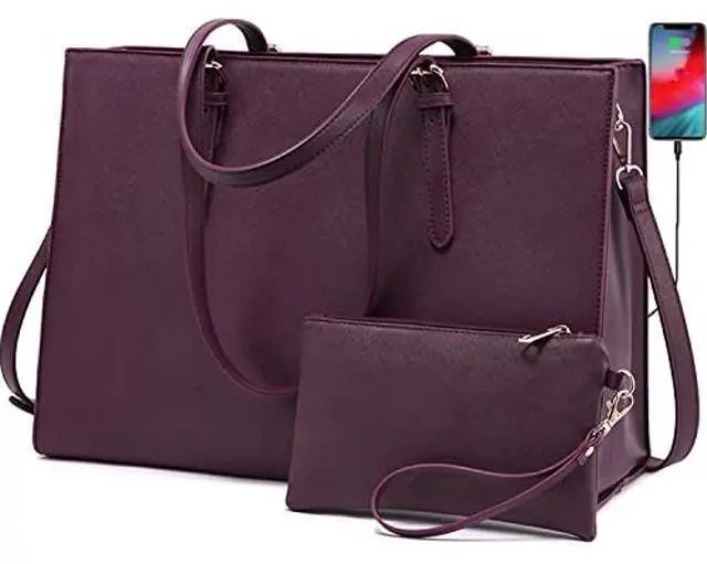 Main image of LOVEVOOK Laptop Bag for Women, Fashion Computer Tote Bag Large Capacity Handbag, Leather Shoulder Bag Purse Set, Professional Business Work Briefcase for Office Lady, 2PCs, 15.6-Inch, Deep Plum
