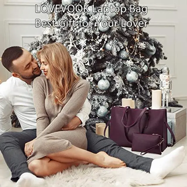 Alt view image 2 of 5 - LOVEVOOK Laptop Bag for Women, Fashion Computer Tote Bag Large Capacity Handbag, Leather Shoulder Bag Purse Set, Professional Business Work Briefcase for Office Lady, 2PCs, 15.6-Inch, Deep Plum