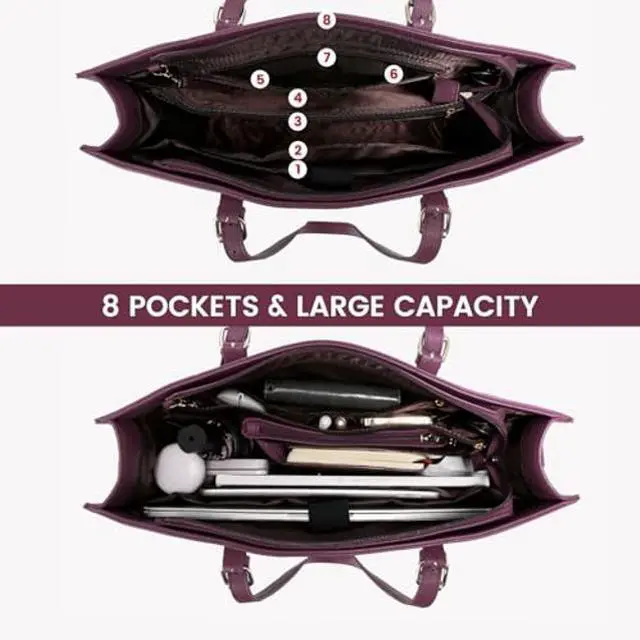 Alt view image 3 of 5 - LOVEVOOK Laptop Bag for Women, Fashion Computer Tote Bag Large Capacity Handbag, Leather Shoulder Bag Purse Set, Professional Business Work Briefcase for Office Lady, 2PCs, 15.6-Inch, Deep Plum