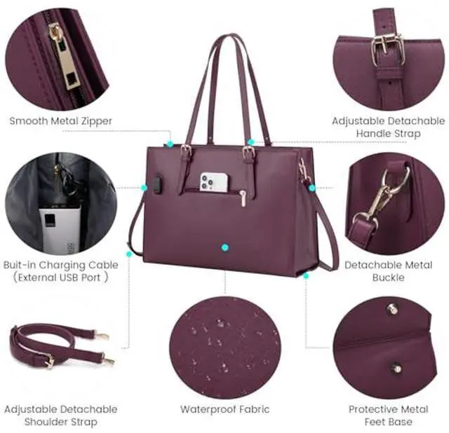 Alt view image 5 of 5 - LOVEVOOK Laptop Bag for Women, Fashion Computer Tote Bag Large Capacity Handbag, Leather Shoulder Bag Purse Set, Professional Business Work Briefcase for Office Lady, 2PCs, 15.6-Inch, Deep Plum