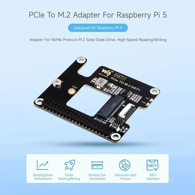 Alt view image 4 of 4 - waveshare PCIe to M.2 Adapter for Raspberry Pi 5, Supports NVMe Protocol M.2 Solid State Drive, High-Speed Reading/Writing, HAT + Standard, Comes with SK-NVME 2242 128G Solid State Drive