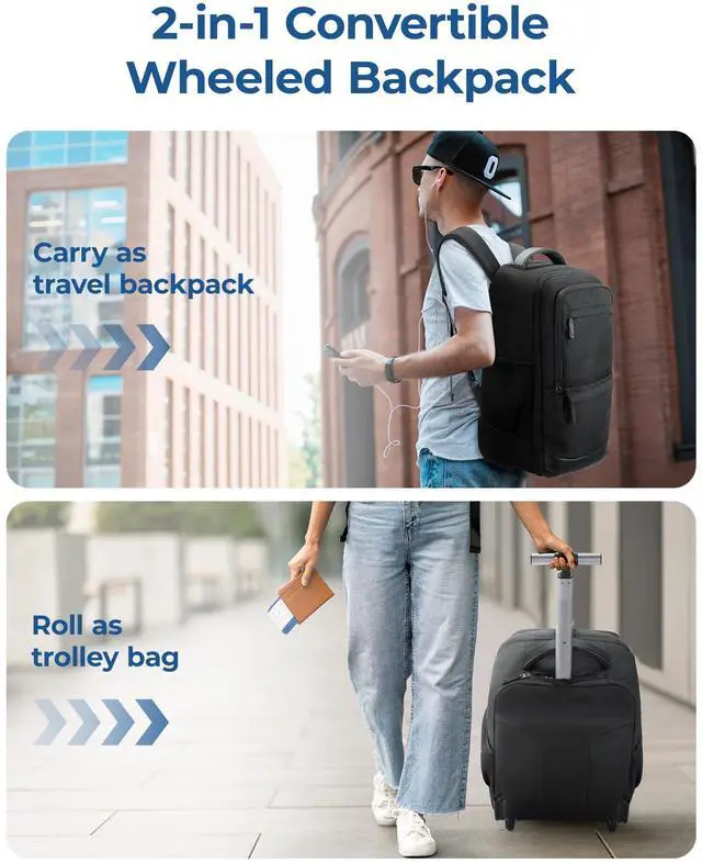 Alt view image 2 of 5 - BAGSMART Rolling Travel Backpack, Water-Resistant Travel Laptop Backpacks with Wheels for Adults, 17 Inch Large Roller College Backpack Luggage Carry on with 2 Packing Cubes, Black