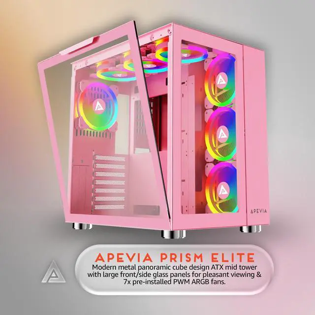 Alt view image 2 of 5 - Apevia Prism-Elite-PK Prism Elite Mid Tower ATX Gaming PC Cube Case w/ 7X 120mm PWM ARGB Fans, 366 RGB Modes, Dual Tempered Glass Panels, 360mm Radiator Support, 2X USB3.0, 2X USB 2.0, Pink