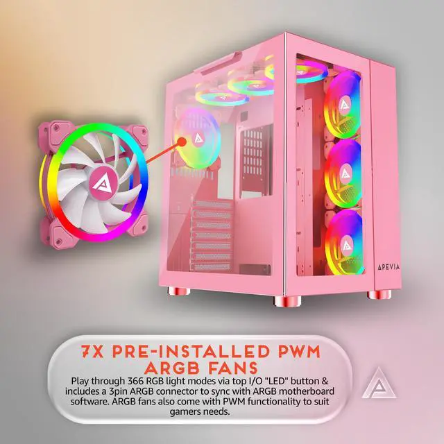Alt view image 3 of 5 - Apevia Prism-Elite-PK Prism Elite Mid Tower ATX Gaming PC Cube Case w/ 7X 120mm PWM ARGB Fans, 366 RGB Modes, Dual Tempered Glass Panels, 360mm Radiator Support, 2X USB3.0, 2X USB 2.0, Pink