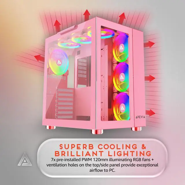 Alt view image 4 of 5 - Apevia Prism-Elite-PK Prism Elite Mid Tower ATX Gaming PC Cube Case w/ 7X 120mm PWM ARGB Fans, 366 RGB Modes, Dual Tempered Glass Panels, 360mm Radiator Support, 2X USB3.0, 2X USB 2.0, Pink
