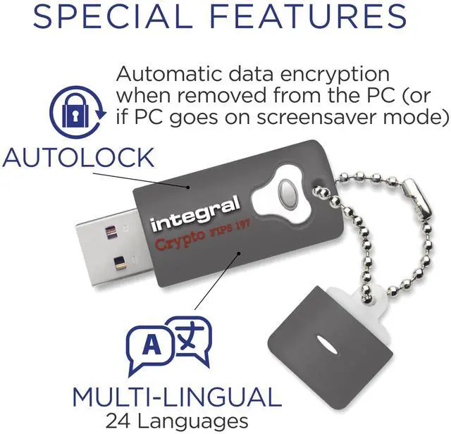 Alt view image 4 of 5 - Integral 8GB Crypto-197 256-Bit Hardware Encrypted 3.0 USB Secure Flash Memory Drive - Certified to FIPS 197, Brute-Force Password Attack Protection & Rugged Double-Layer Waterproof Design