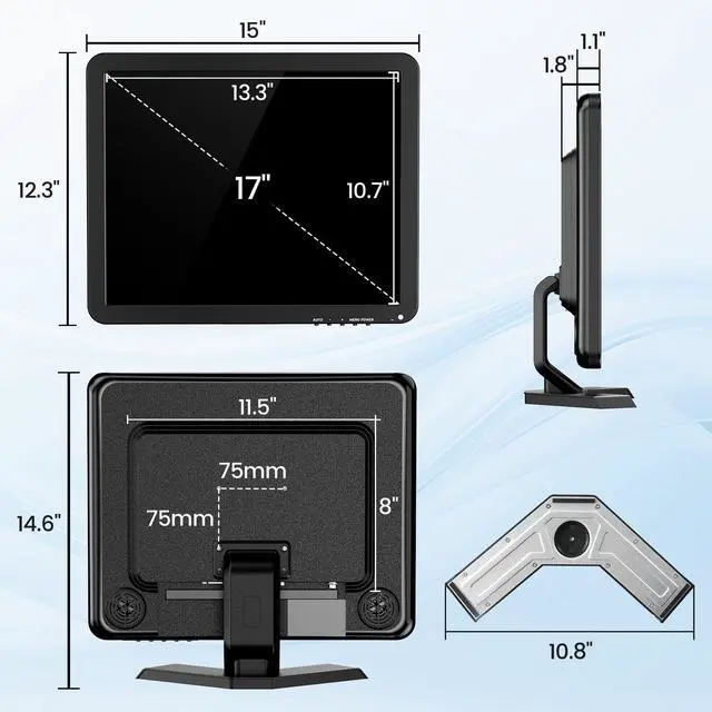 Alt view image 5 of 5 - Eyoyo 17 inch CCTV Monitor, 1280 x 1024 Security Camera Monitor LCD Screen with HDMI/VGA/BNC/AV/USB Ports, 100% sRGB Built-in Dual Speakers Metal Stand VGA Display for Camera PC DVR