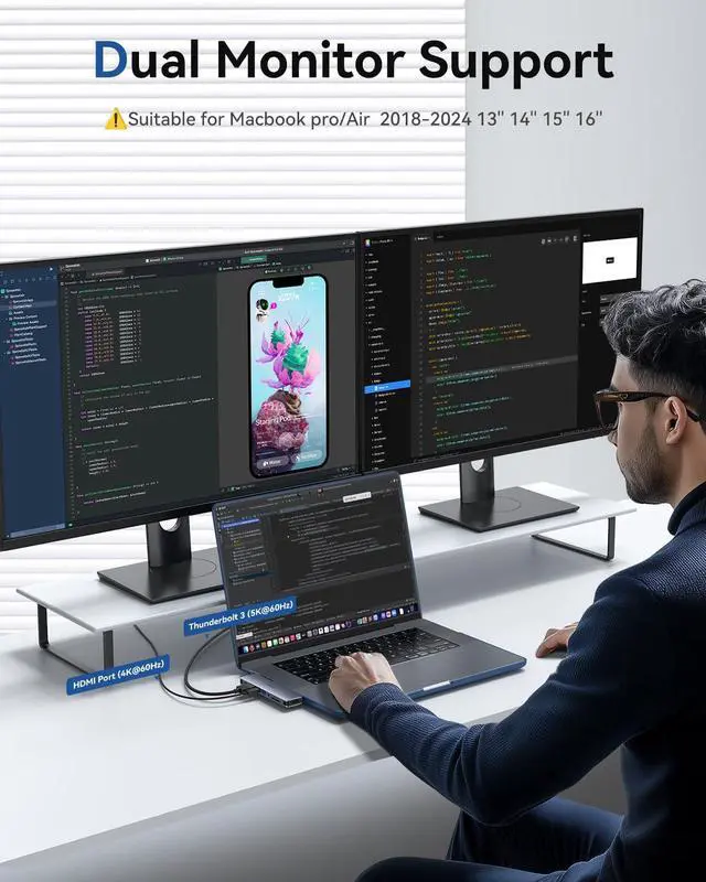 Alt view image 4 of 5 - USB C Adapter HDMI USB Multiport Hub,8 in 2 Accessories with 4K@60hz HDMI,Thunderbolt 3,USB C and 3 USB A 3.0 Data Ports SD TF Card Reader, Audio (Grey)