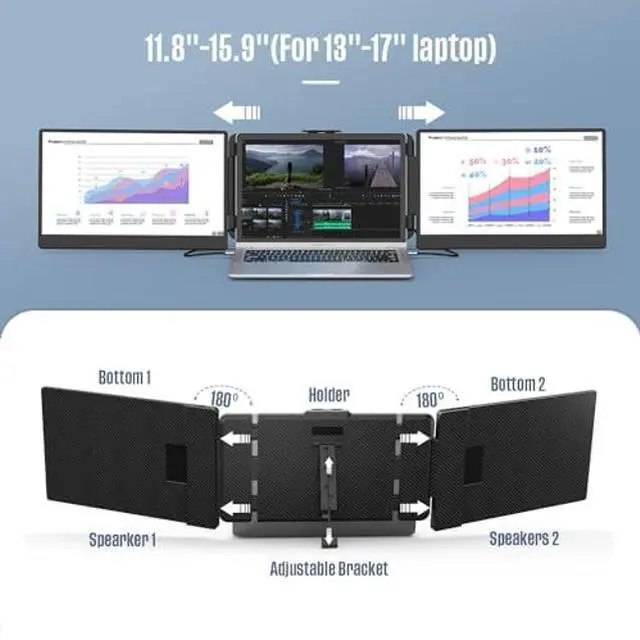 Alt view image 4 of 5 - ALLVIA Laptop Screen Extender 14" 1080P FHD IPS, Portable Monitor for Laptop 13-17", Triple Monitor Extended for laptops with Dual Speakers, Plug-Play with Type-C/HDMI/USB-A for Wins/Mac/Chrome