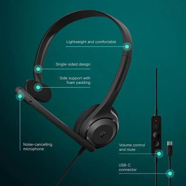 Alt view image 2 of 5 - C1 Single-Side USB-C Mono Headset - Unmatched Clarity with Noise-Cancellation, Lightweight Comfort for Professional Use, Chromebook Certified for Optimal Functionality