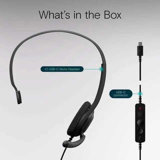 Alt view image 5 of 5 - C1 Single-Side USB-C Mono Headset - Unmatched Clarity with Noise-Cancellation, Lightweight Comfort for Professional Use, Chromebook Certified for Optimal Functionality