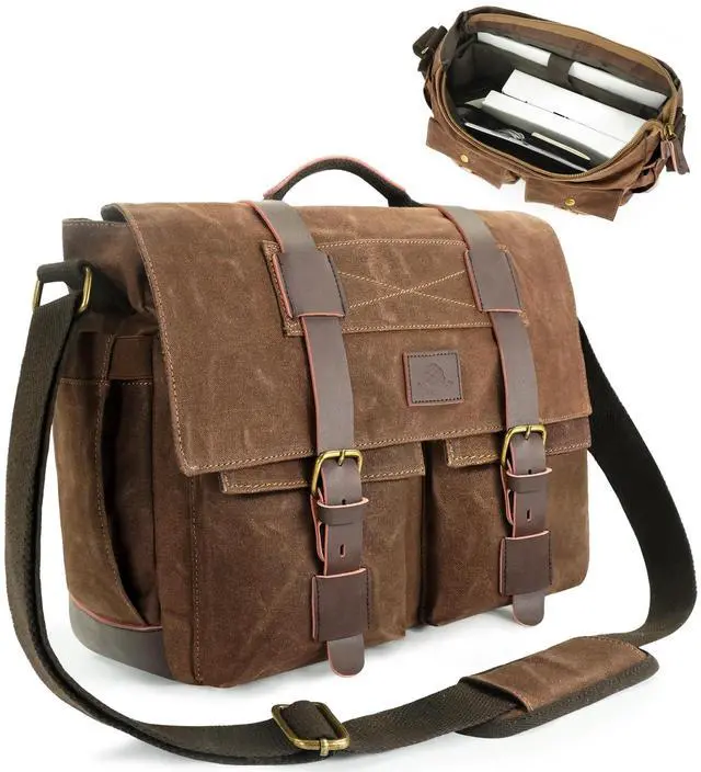 Main image of densata Messenger Bag for Men,13-14-15.6 Inch Laptop Bag Vintage Waxed Canvas Satchel Bag Leather Briefcase for School and Work(Vintage Brown)