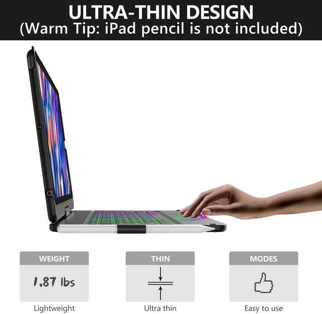 Alt view image 5 of 5 - aMZCaSE for iPad 9th/8th/7th Generation case with Keyboard and Pen Holder,Colorful Backlight,360degRotatable Slim Cover,10.2 inch of iPad Case with Wireless Bluetooth Keyboard,Pencil Holder,Black