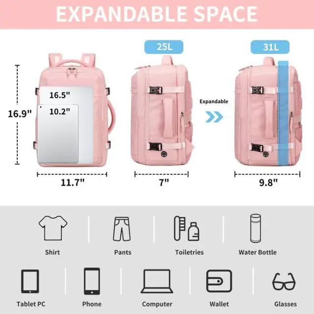 Alt view image 5 of 5 - ASKSKY Women's Casual Daypack Backpacks, Carry On Travel Backpack Flight Approved, Expandable Multiple Compartments Laptop Backpack Pink