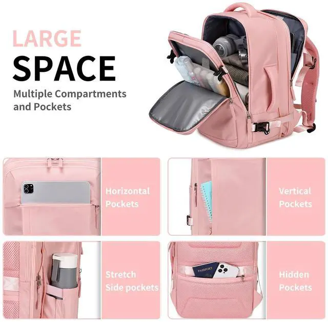 Alt view image 2 of 5 - ASKSKY Women's Casual Daypack Backpacks, Carry On Travel Backpack Flight Approved, Expandable Multiple Compartments Laptop Backpack Pink