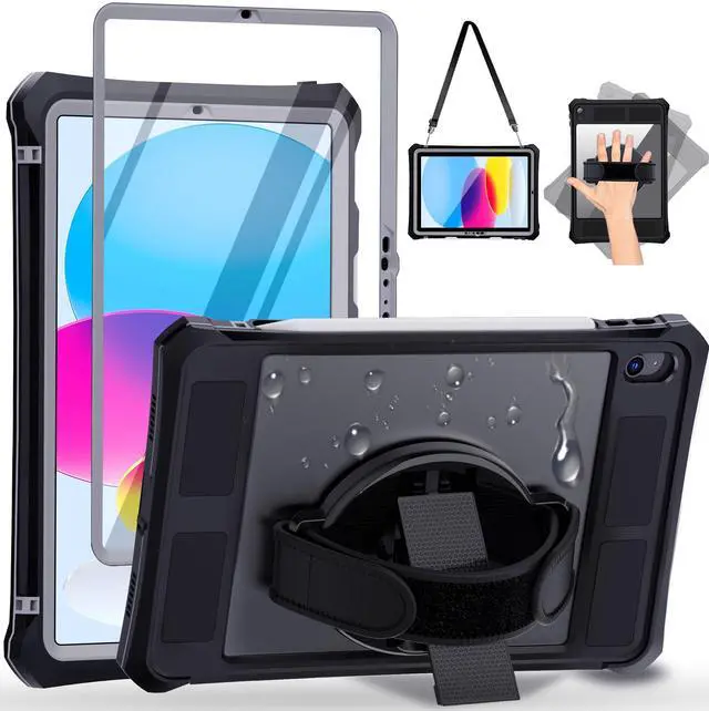 Main image of Waterproof Case for iPad(A16) 11th Generation 11 inch 2025/10th Generation 10.9 Inch 2022 Case with Screen Protector with Pencil Holder & Stand & Shoulder Strap & Handle, Full-Body Rugged Cover, Black