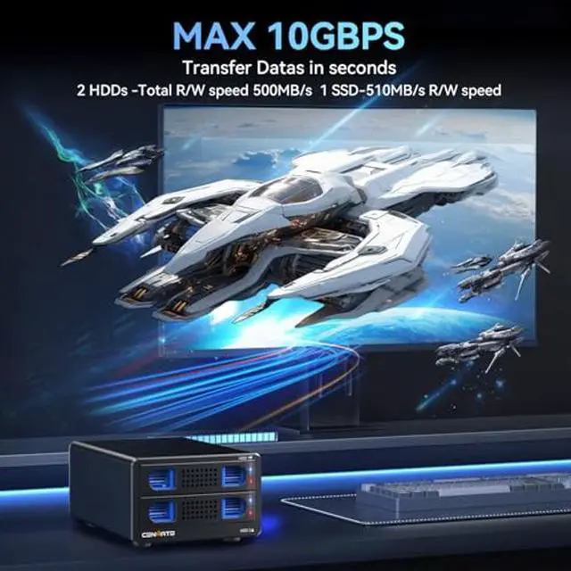 Alt view image 2 of 5 - CENMATE Aluminum Dual Bay 10Gbps Hard Drive Enclosure with Cooling Fan for 2.5"/3.5" SATA HDD/SSD with USB A/C 3.2 Gen 2, Support Hot Swappable, Daisy Chain Expansion, Tool-Free, DAS(NO RAID/NAS)