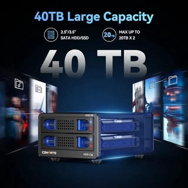 Alt view image 3 of 5 - CENMATE Aluminum Dual Bay 10Gbps Hard Drive Enclosure with Cooling Fan for 2.5"/3.5" SATA HDD/SSD with USB A/C 3.2 Gen 2, Support Hot Swappable, Daisy Chain Expansion, Tool-Free, DAS(NO RAID/NAS)