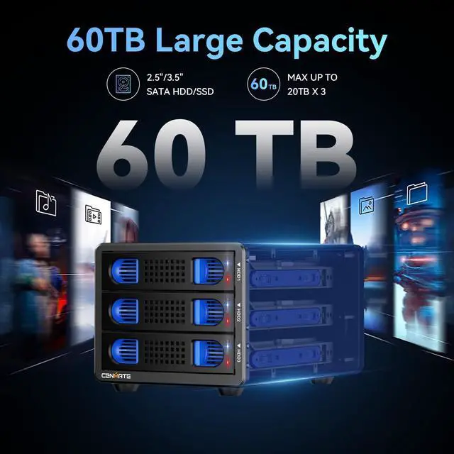 Alt view image 2 of 5 - CENMATE 3 Bay Hard Drive Enclosure with Cooling Fan for 2.5"/3.5" SATA HDD/SSD with USB A/C 3.0, Support 60TB, Hot Swappable, Daisy Chain Expansion, Tool-Free HDD Enclosure, DAS(NO RAID/NAS)