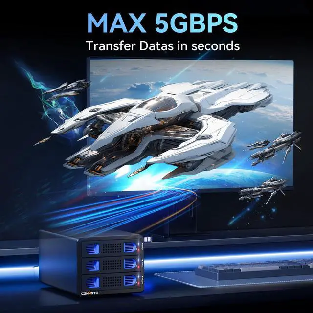 Alt view image 3 of 5 - CENMATE 3 Bay Hard Drive Enclosure with Cooling Fan for 2.5"/3.5" SATA HDD/SSD with USB A/C 3.0, Support 60TB, Hot Swappable, Daisy Chain Expansion, Tool-Free HDD Enclosure, DAS(NO RAID/NAS)