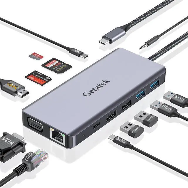Main image of Getatek12-in-1 Docking Station with 4K HDMI,VGA,Ethernet,USB A 3.0 Data Port and USB C 5Gbps Port,100W PD Charging,SD/TF/MS Card Reader and 3.5MM Audior for MacBook, Acer, Laptops, Surface and More