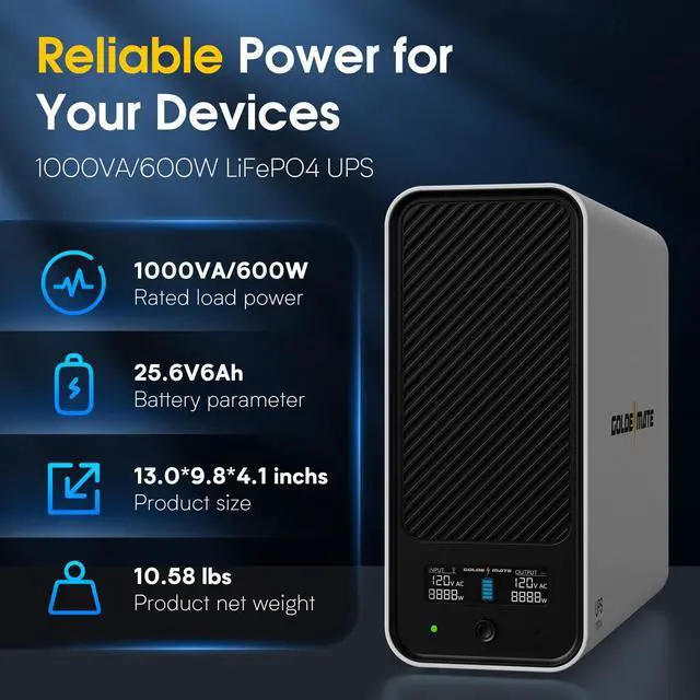 Alt view image 4 of 5 - GOLDENMATE 1000VA/600W Lithium UPS Battery Backup and Surge Protector, Backup Battery Power Supply with LiFePO4 Batteries(153.6 Wh), Sinewave UPS System, 10 Years Lifespan, 8-Outlets, LCD Display