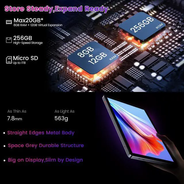 Alt view image 2 of 5 - Tablet 12 inch Android 14 Tablet, 20(8+12) GB RAM 256GB ROM (Expandable to 1TB), T616 CPU, 8000mAh Battery, 18W PD Fast Charger, 4 Speakers, 5G WiFi + 4G LTE, Dual 13+5MP Camera, GPS (Gray)