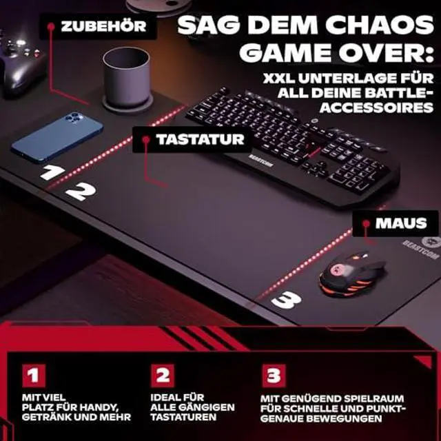 Alt view image 4 of 5 - BEASTCOM Hero X2000 Gaming Mouse Pad, Black Edition - XL Mousepad 36"x 12" Large Mouse Pad - Thick Cloth Desk Mat for Keyboard and Mouse - Non Stitched Edges & Anti Sweat Design