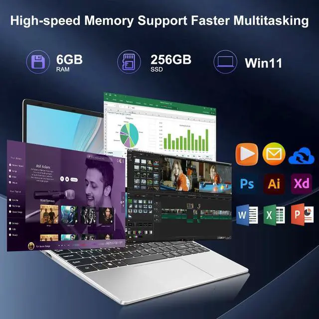 Alt view image 2 of 5 - bvate 14" Laptop Win 11 256GB SSD Up to 1TB SSD Expand Celeron N4020 Up to 2.8Ghz Dual-Core Processor 6GB DDR4 1920x1080 FHD Dual WiFi BT4.2 with Webcam Keyboard Protect Flim for Business-Silver