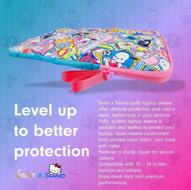 Alt view image 5 of 5 - Sonix x Sanrio | Puffy Laptop Sleeve | 15-16 Inch, Quilted Pillow Puffer Laptop Carrying Case, Computer Sleeve | Hello Kitty & Friends Stickers