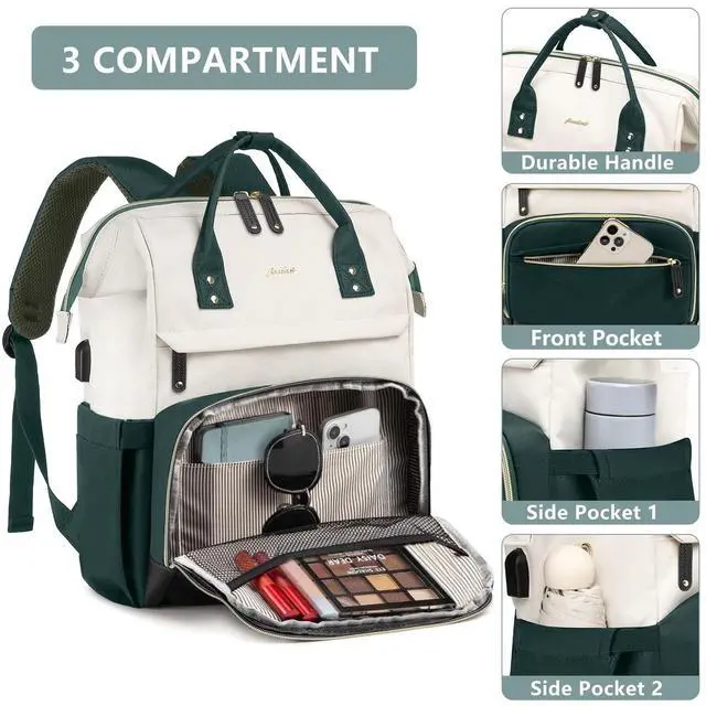 Alt view image 3 of 5 - Laptop Backpack Women Work Bag: 15.6 inch Work Bookbag with USB Charging Port Large Travel Backpack Purse for College Nurse Casual Daypack for Teacher Professional Computer Backpack Beige Dark Green