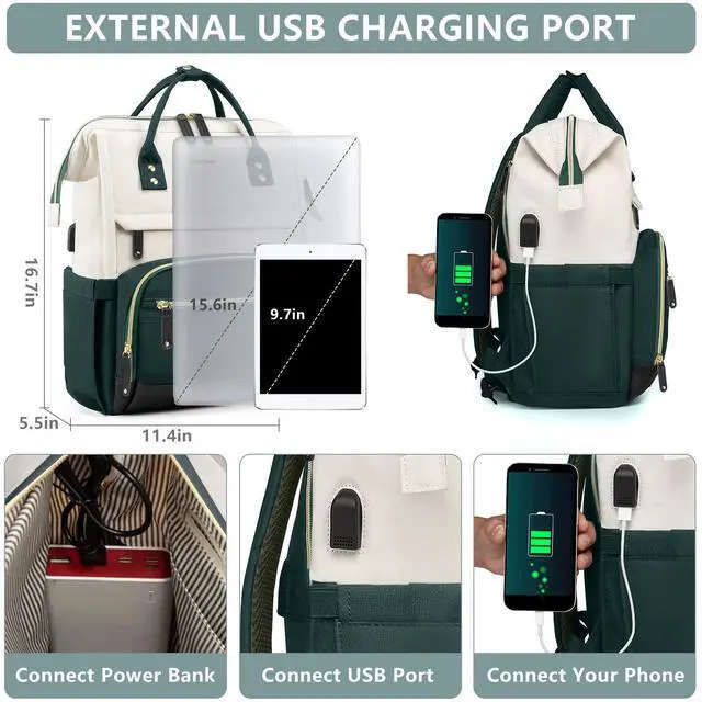Alt view image 5 of 5 - Laptop Backpack Women Work Bag: 15.6 inch Work Bookbag with USB Charging Port Large Travel Backpack Purse for College Nurse Casual Daypack for Teacher Professional Computer Backpack Beige Dark Green