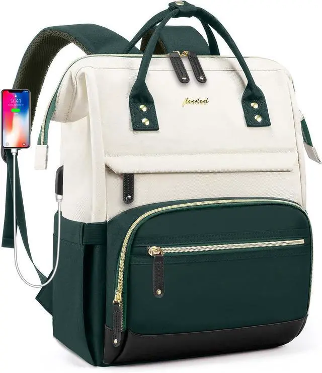 Main image of Laptop Backpack Women Work Bag: 15.6 inch Work Bookbag with USB Charging Port Large Travel Backpack Purse for College Nurse Casual Daypack for Teacher Professional Computer Backpack Beige Dark Green