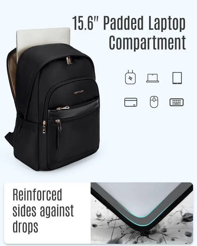 Alt view image 3 of 5 - LIGHT FLIGHT Travel Backpack for Women, 15.6 Inch Stylish Laptop Backpack, Computer Bag for College Work Daily, Water-Resistant Casual Daypack with USB Port, Black