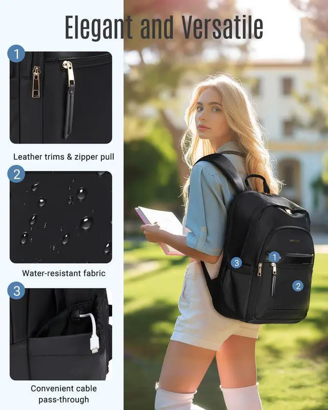 Alt view image 5 of 5 - LIGHT FLIGHT Travel Backpack for Women, 15.6 Inch Stylish Laptop Backpack, Computer Bag for College Work Daily, Water-Resistant Casual Daypack with USB Port, Black