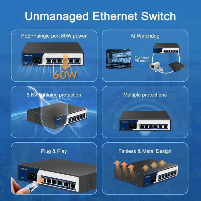 Alt view image 4 of 5 - CONETCH 6 Port PoE+ Switch with 4 PoE+ Ports, 2 Uplink and Extend Function, 65W Built-in Power, IEEE 802.3af/at + 1 High Power PoE Port,10/100Mbps, Fanless, Desktop, Plug & Play, PoE++ Network Switch