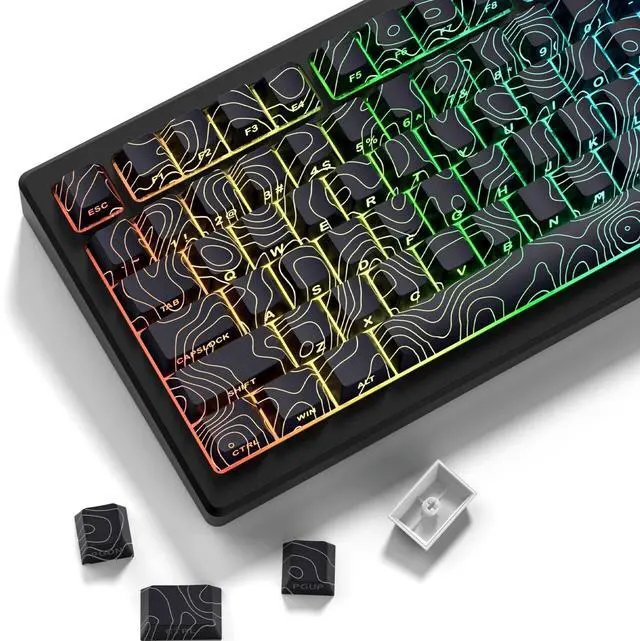 Main image of dagaladoo PBT Key caps,Black Topographic keycaps 60 75 100 Percent,Lines Backlit,Shine Through keycap Set,Side Print,Cherry Profile Keyboard caps for100%, 75%, 65%, 60% Keyboard(only keycaps)