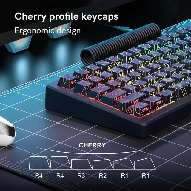 Alt view image 2 of 5 - dagaladoo PBT Key caps,Black Topographic keycaps 60 75 100 Percent,Lines Backlit,Shine Through keycap Set,Side Print,Cherry Profile Keyboard caps for100%, 75%, 65%, 60% Keyboard(only keycaps)
