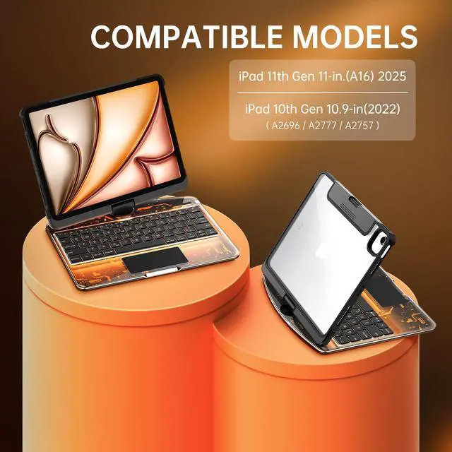 Alt view image 2 of 5 - GUSGU Transparent Case with Wireless Keyboard for iPad 11th Gen 11-in.(A16, 2025), 2022 iPad 10th Gen 10.9-in, 7 Colors Backlight, Trackpad, 360degRotating Stand, Tech Style