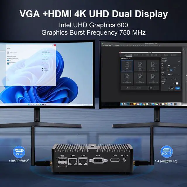 Alt view image 3 of 5 - HISTTON Fanless Mini PC Industrial PC Windows 10 Pro Mini Computer,Quad Core Celeron J4125,DDR4 16GB RAM 512GB SSD,2 RS232 COM,2 LAN,HDMI+VGA Dual Output,USB 3.0,Dual WiFi,BT 4.0,Mini Desktop PC