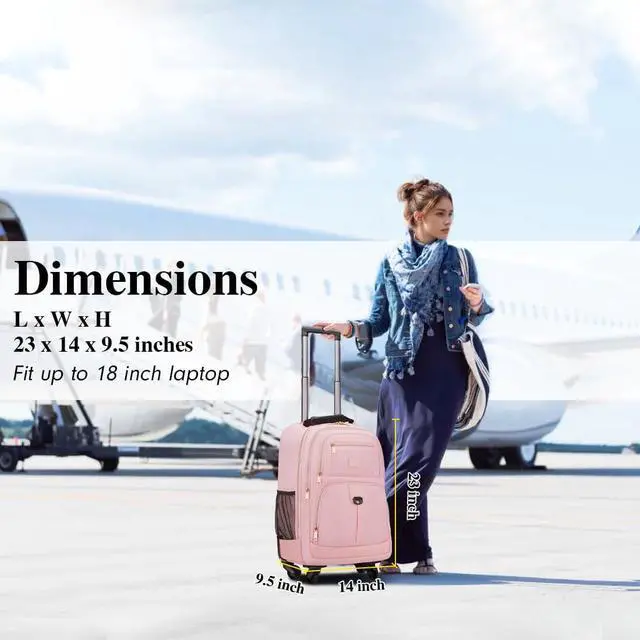 Alt view image 2 of 5 - MATEIN Rolling Backpack for Women, 18 inch Roller Laptop Bag with 4 Wheels for Adult, Sturdy Wheeled Backpack Carry on Luggage, Extra Large Travel Bag Suitcase Back Pack for Work College Trips, Pink