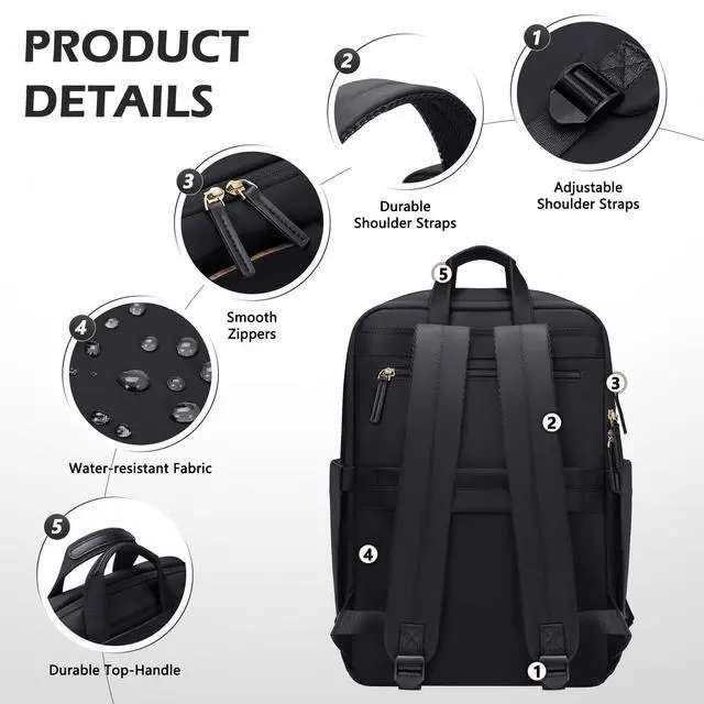 Alt view image 5 of 5 - GOLF QUALITY Slim Laptop Backpack for Women, Lightweight Business Backpack for Women Computer Bag Purse for Commuting, Fit 17.3 Inch, Black