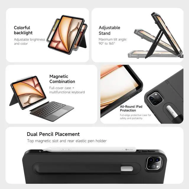 Alt view image 2 of 5 - HOU Rotatable Keyboard Case for iPad Air 11 (M3/M2 2025), Magnetic Detachable Case with Keyboard for iPad Pro 11 (4th/3rd/2nd/1st Gen) and iPad Air (6th/5th/4th Gen) with Touchpad, Backlight - Black