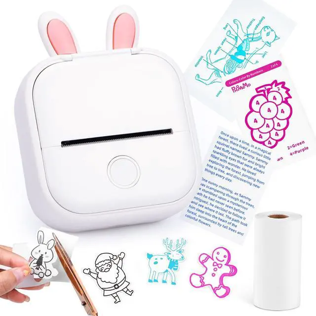 Main image of Memoking Mini Portable Printer - T02 Mini Inkless Printer Pocket Thermal Sticker Printer Mini Sticker Printer Mobile Picture Printer for Student, Gift, White (Bunny Case Not Included)