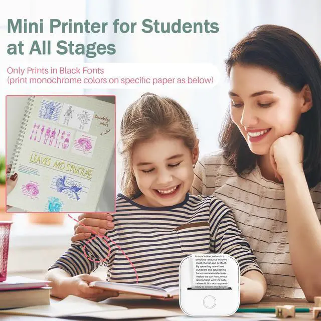 Alt view image 3 of 5 - Memoking Mini Portable Printer - T02 Mini Inkless Printer Pocket Thermal Sticker Printer Mini Sticker Printer Mobile Picture Printer for Student, Gift, White (Bunny Case Not Included)