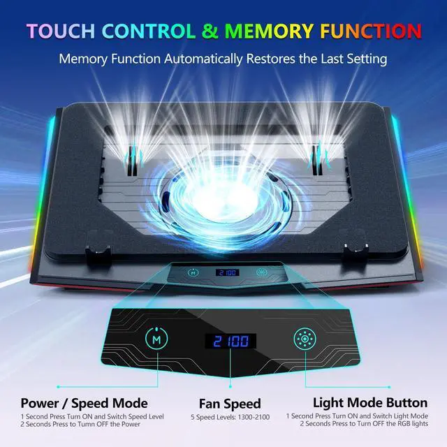 Alt view image 4 of 5 - LIANGSTAR Gaming Laptop Cooling Pad, RGB Laptop Cooler with 3 Powerful Turbofans, 5 Height Adjustable Laptop Cooling Stand, 5 Fan Speed Touch Control, Seal Memory Foam for Cooling 12-19.3 inch Laptop