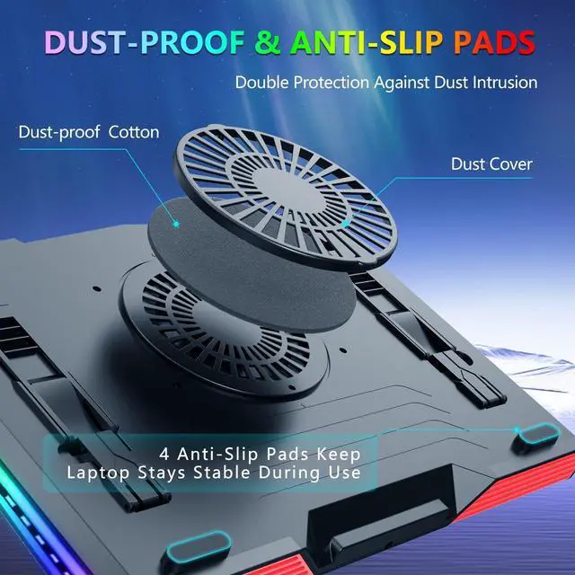 Alt view image 5 of 5 - LIANGSTAR Gaming Laptop Cooling Pad, RGB Laptop Cooler with 3 Powerful Turbofans, 5 Height Adjustable Laptop Cooling Stand, 5 Fan Speed Touch Control, Seal Memory Foam for Cooling 12-19.3 inch Laptop