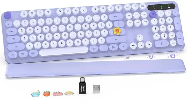 Main image of Wireless Keyboard, Round Keycaps, Retro Typewriter Keyboard with Detachable Wrist Rest, Sleep Mode, Foldable Legs, 2.4GHz Full-size Cordless Computer Keyboard for Windows/PC/Laptop (Colorful-Purple)