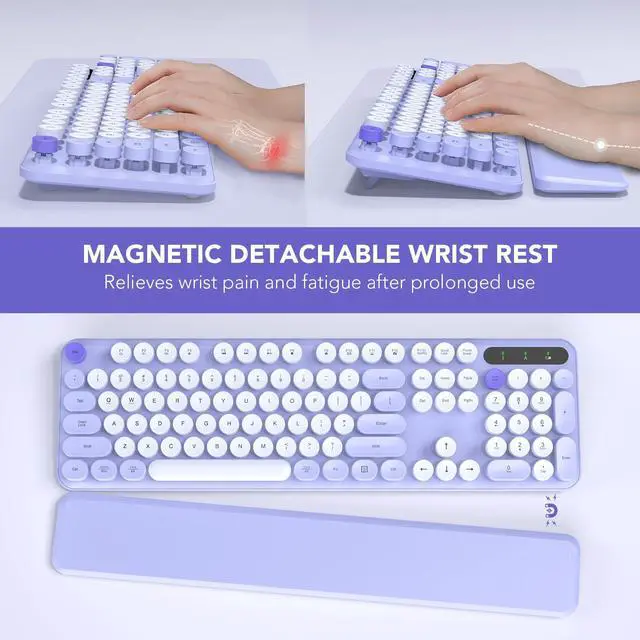 Alt view image 2 of 5 - Wireless Keyboard, Round Keycaps, Retro Typewriter Keyboard with Detachable Wrist Rest, Sleep Mode, Foldable Legs, 2.4GHz Full-size Cordless Computer Keyboard for Windows/PC/Laptop (Colorful-Purple)